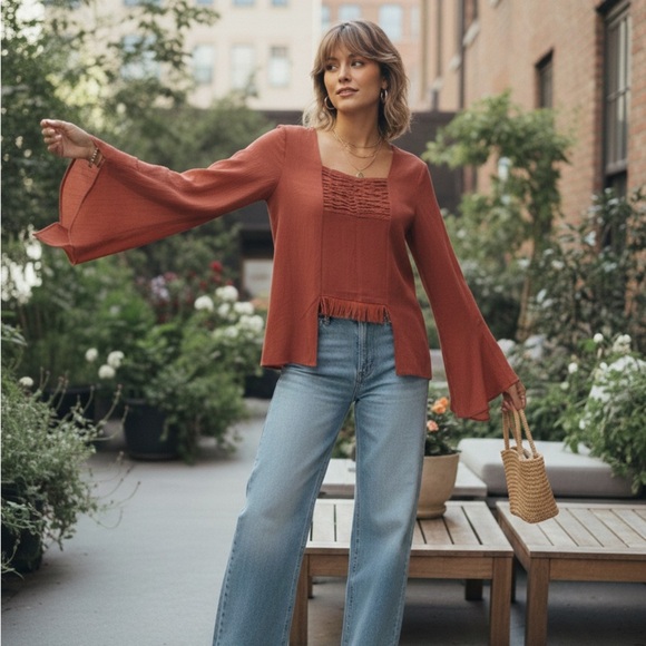 Shock Tops - 90s LINEN Terracotta/Rust Fairycore/Boho Bell Sleeve Top Rushed fringe XS/S/M